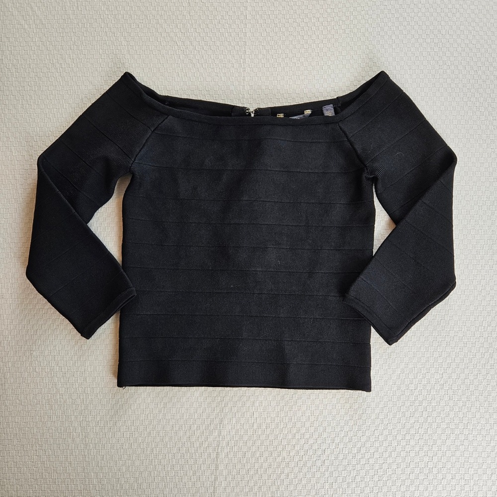 Guess Womens Black Bandage Off Shoulder Ribbed Crop Top XS 3/4 Sleeve Party